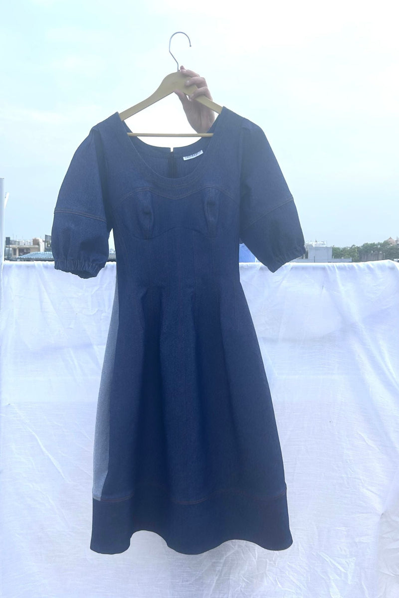 Isabelle Upcycled Denim Dress by Doodlage in blue color for women Worldwide