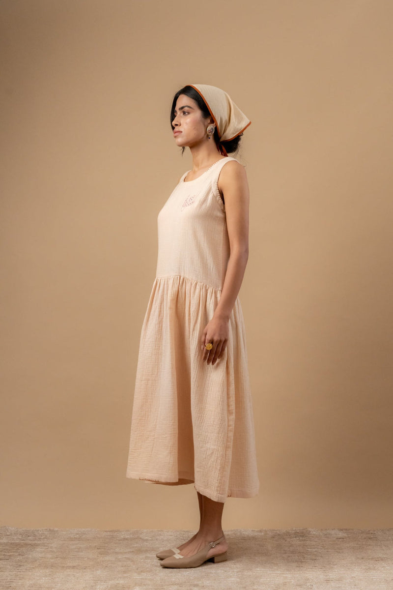 Susan Drop Waist Dress organic cotton gauge by Doodlage in beige color for women Worldwide