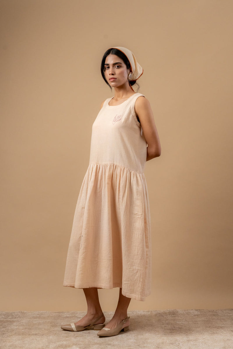 Susan Drop Waist Dress organic cotton gauge by Doodlage in beige color for women Worldwide