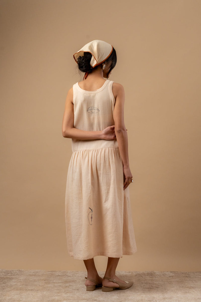 Susan Drop Waist Dress organic cotton gauge by Doodlage in beige color for women Worldwide