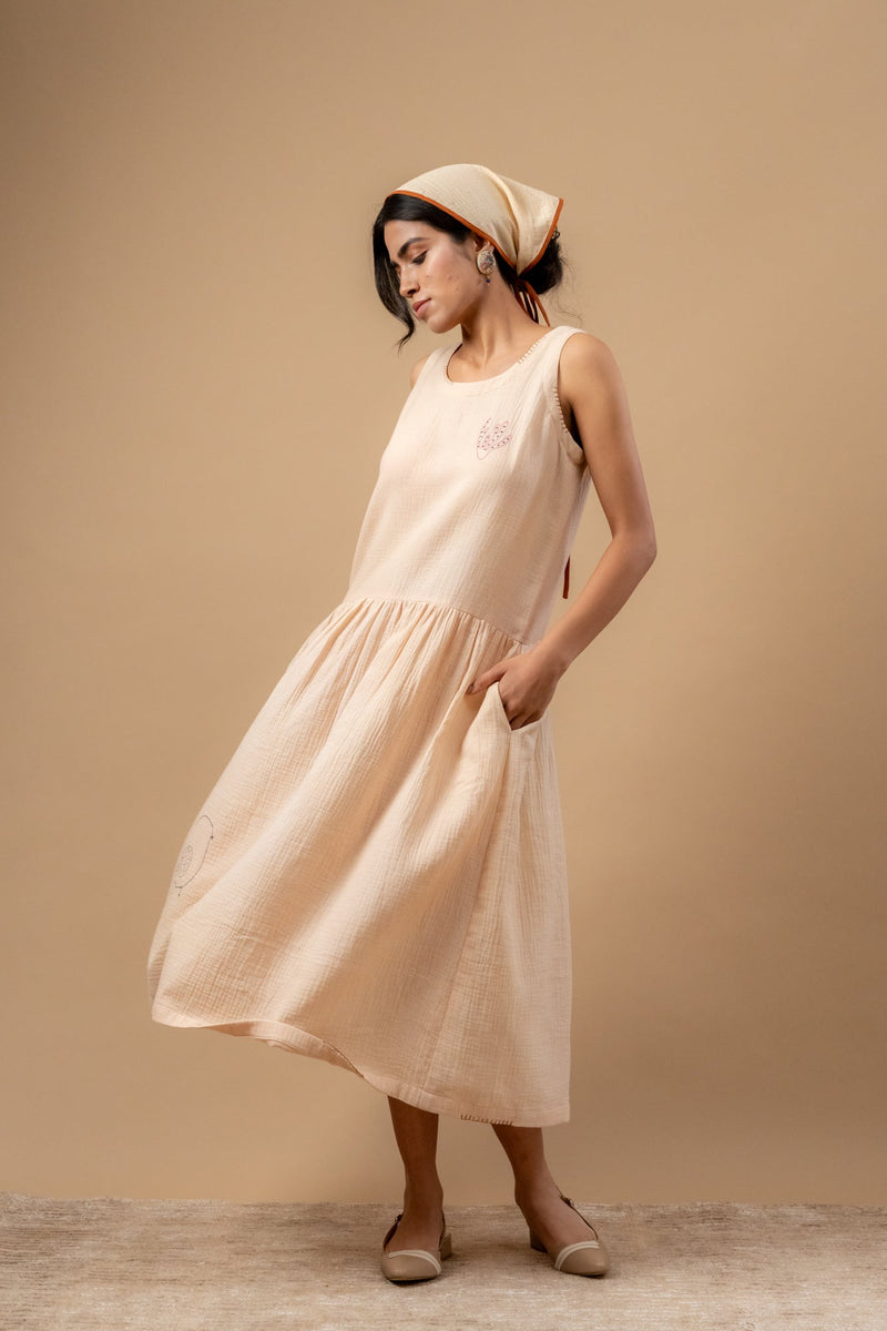 Susan Drop Waist Dress organic cotton gauge by Doodlage in beige color for women Worldwide