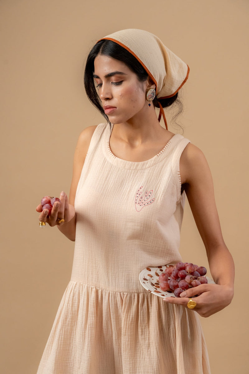 Susan Drop Waist Dress organic cotton gauge by Doodlage in beige color for women Worldwide
