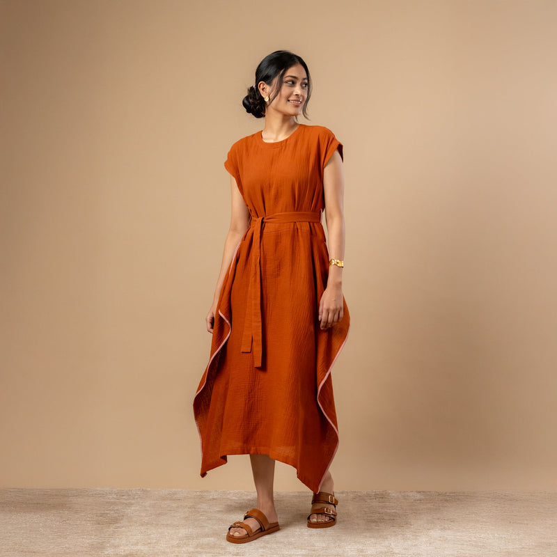 Bessie Knot Dress organic cotton gauge by Doodlage in rust color for women Worldwide