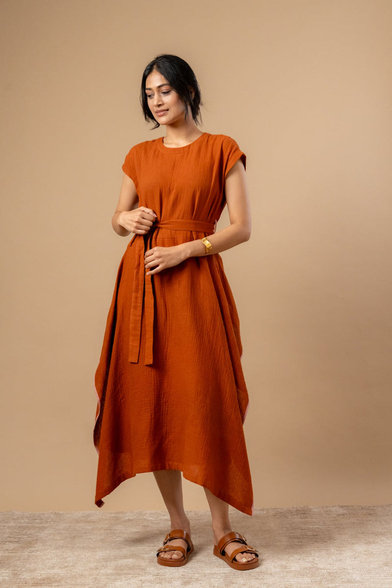 Bessie Knot Dress organic cotton gauge by Doodlage in rust color for women Worldwide