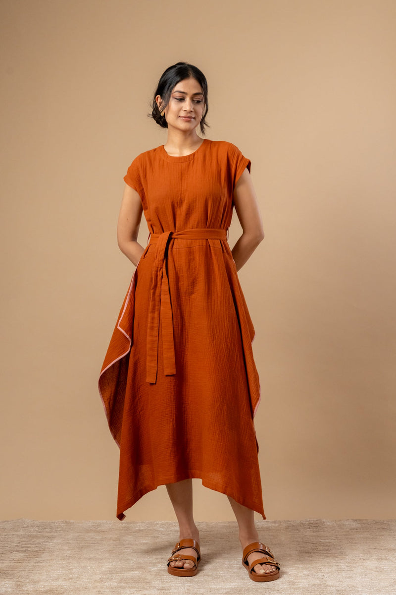 Bessie Knot Dress organic cotton gauge by Doodlage in rust color for women Worldwide