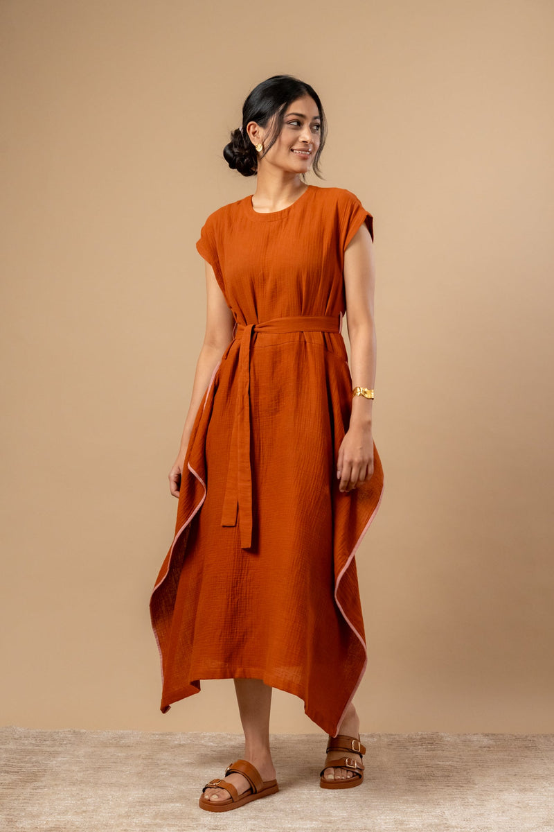 Bessie Knot Dress organic cotton gauge by Doodlage in rust color for women Worldwide