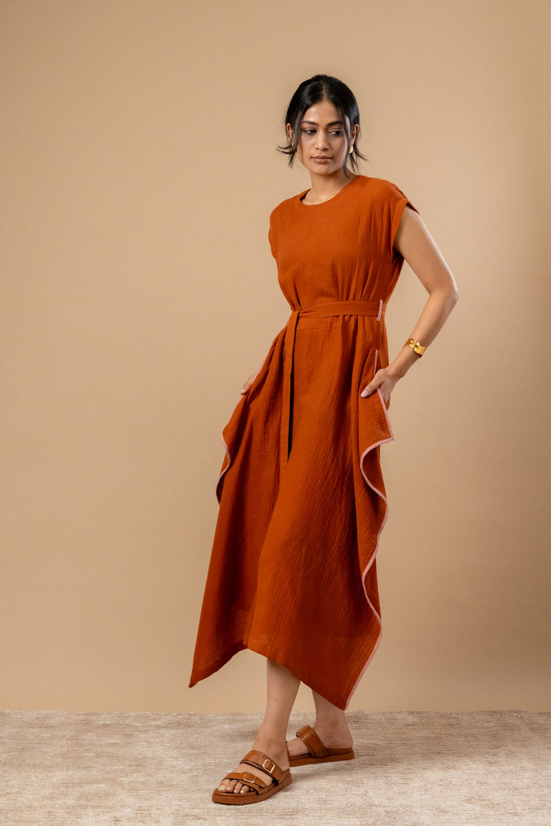 Bessie Knot Dress organic cotton gauge by Doodlage in rust color for women Worldwide