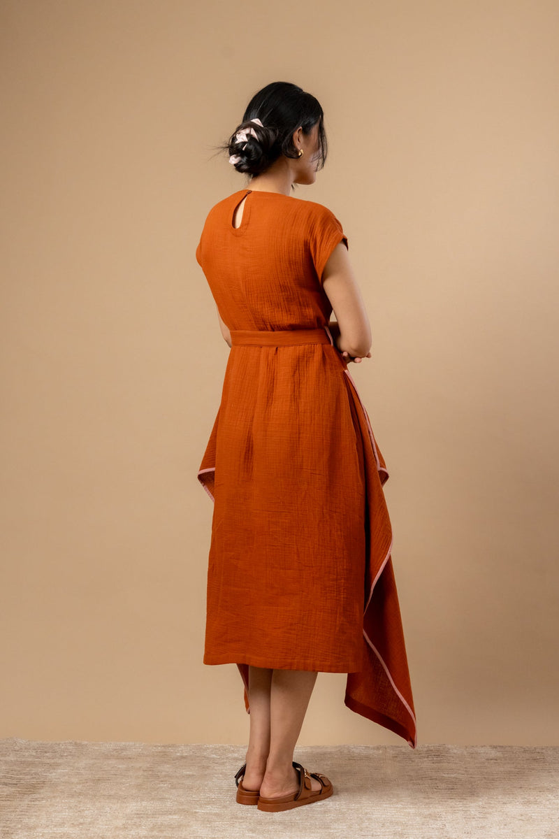 Bessie Knot Dress organic cotton gauge by Doodlage in rust color for women Worldwide