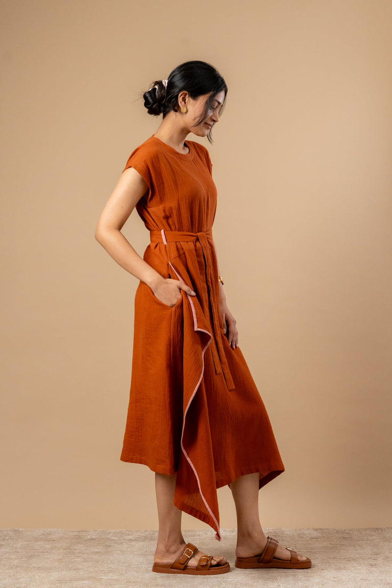 Bessie Knot Dress organic cotton gauge by Doodlage in rust color for women Worldwide