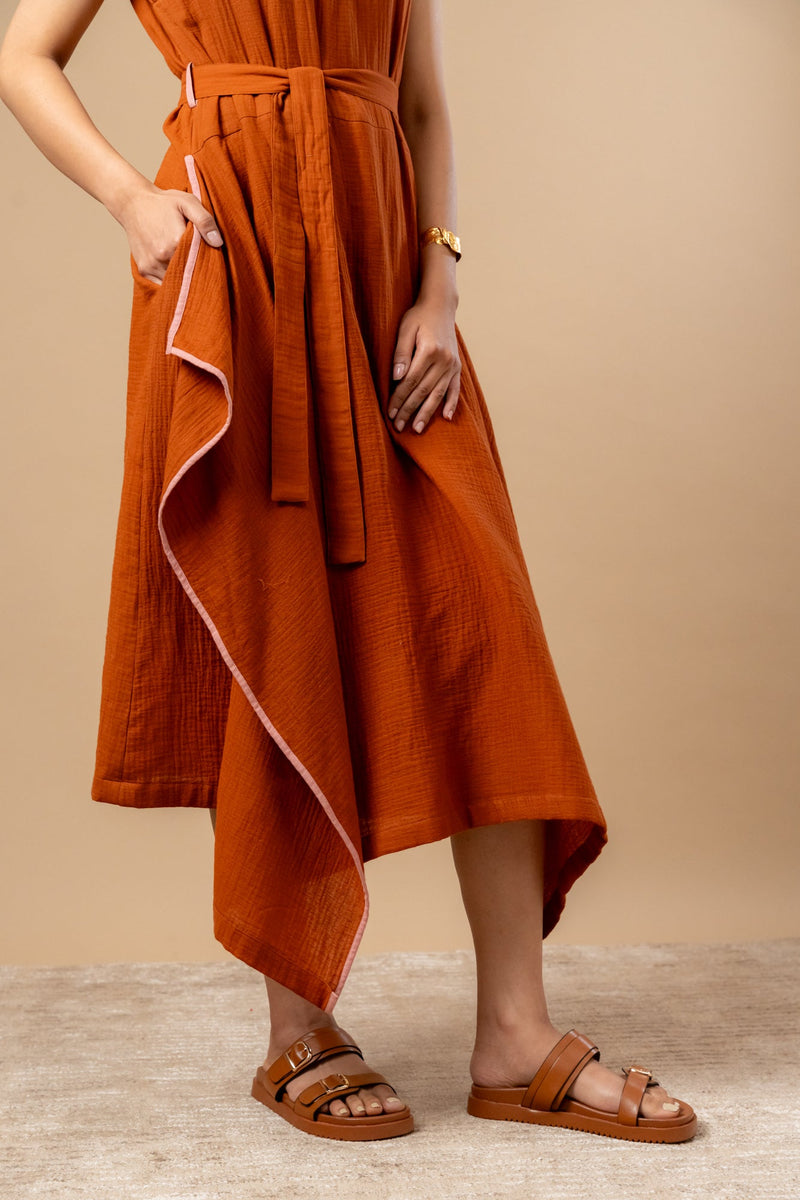 Bessie Knot Dress organic cotton gauge by Doodlage in rust color for women Worldwide