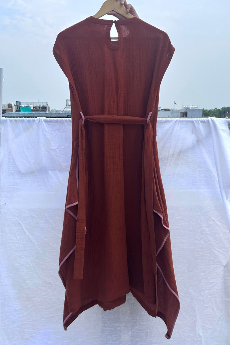 Bessie Knot Dress organic cotton gauge by Doodlage in rust color for women Worldwide