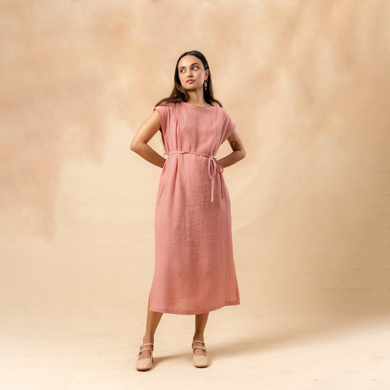Erna Organic Cotton Dress With Waist Belt organic cotton gauge by Doodlage in pink color for women Worldwide