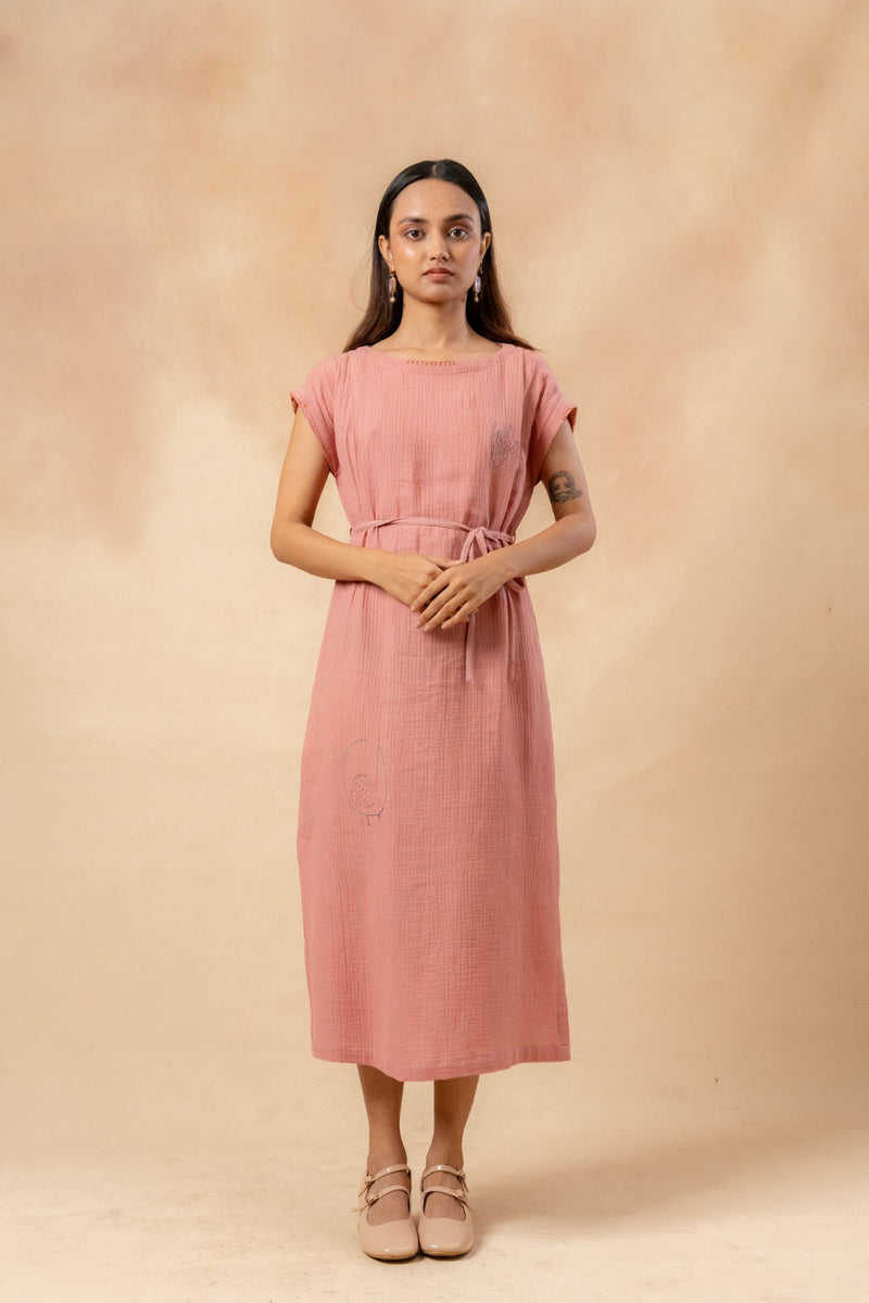 Erna Organic Cotton Dress With Waist Belt organic cotton gauge by Doodlage in pink color for women Worldwide