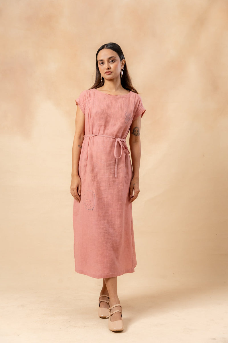 Erna Organic Cotton Dress With Waist Belt organic cotton gauge by Doodlage in pink color for women Worldwide