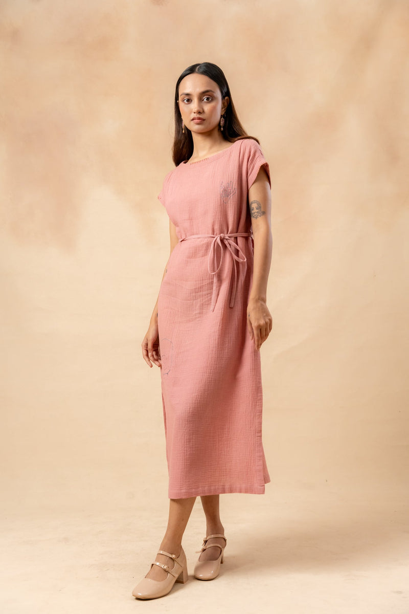 Erna Organic Cotton Dress With Waist Belt organic cotton gauge by Doodlage in pink color for women Worldwide
