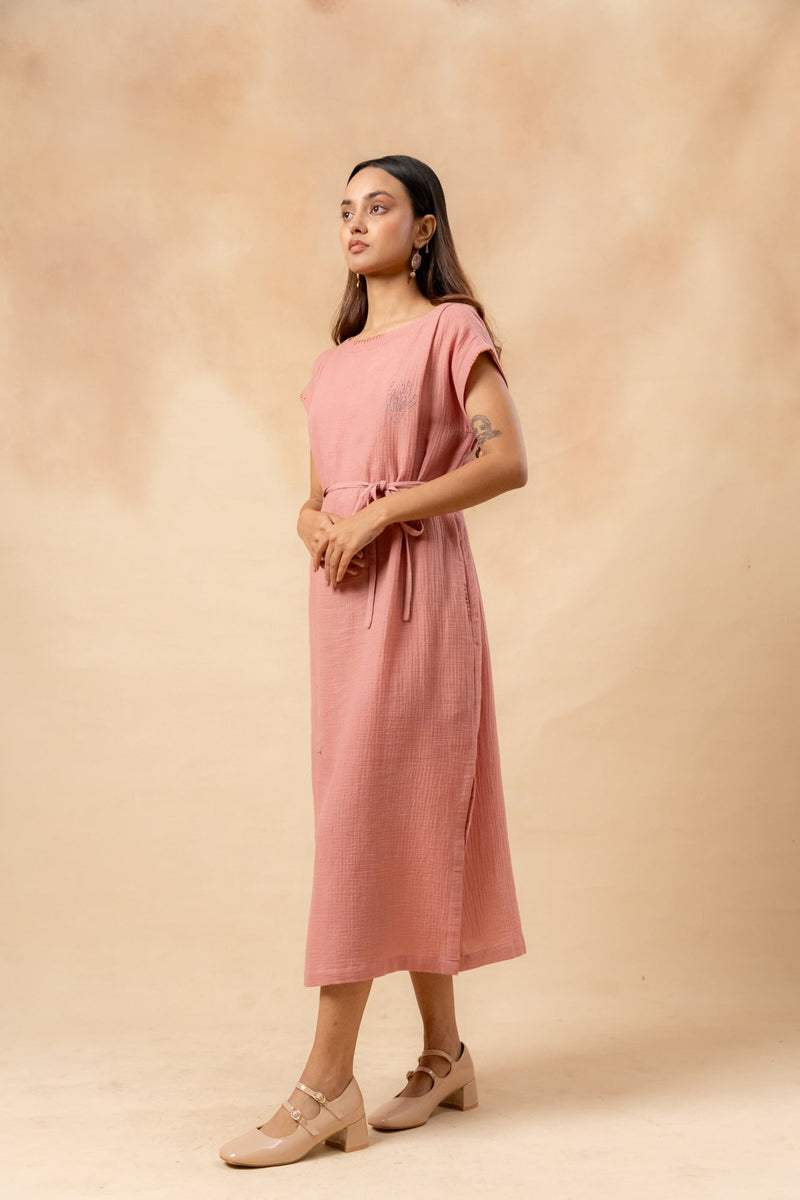 Erna Organic Cotton Dress With Waist Belt organic cotton gauge by Doodlage in pink color for women Worldwide