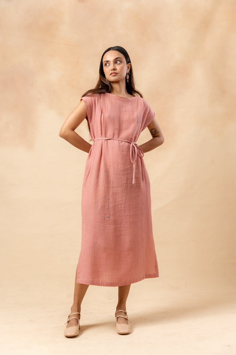 Erna Organic Cotton Dress With Waist Belt organic cotton gauge by Doodlage in pink color for women Worldwide