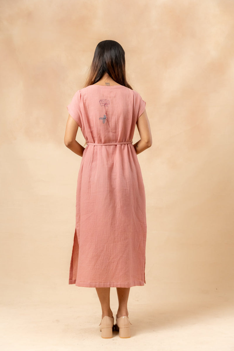 Erna Organic Cotton Dress With Waist Belt organic cotton gauge by Doodlage in pink color for women Worldwide