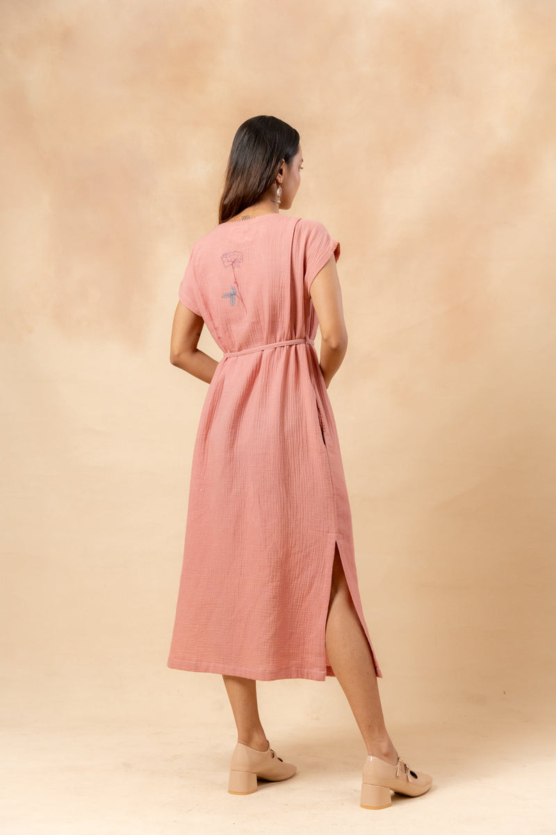 Erna Organic Cotton Dress With Waist Belt organic cotton gauge by Doodlage in pink color for women Worldwide