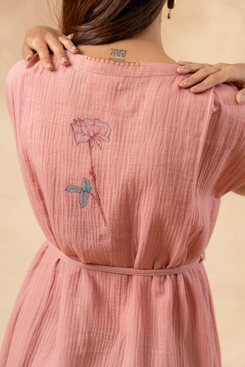 Erna Organic Cotton Dress With Waist Belt organic cotton gauge by Doodlage in pink color for women Worldwide