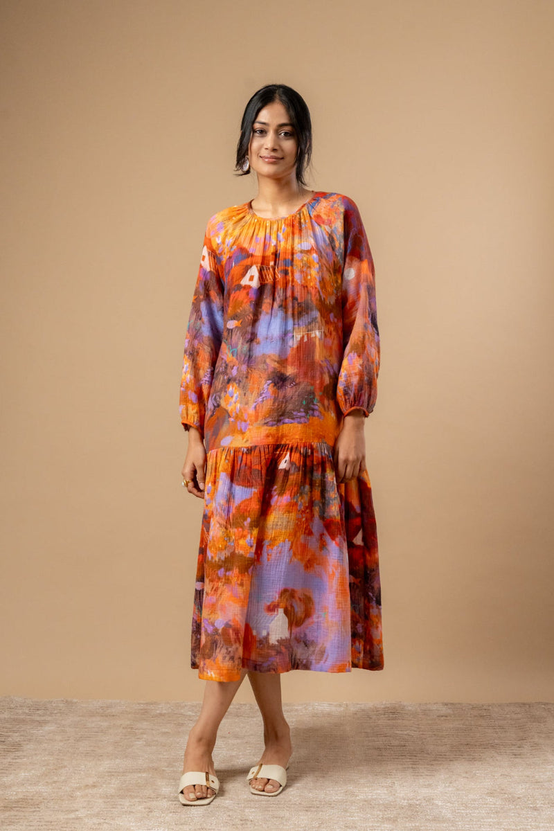 Twig Drop Waist Dress organic cotton gauge by Doodlage in rust color for women Worldwide