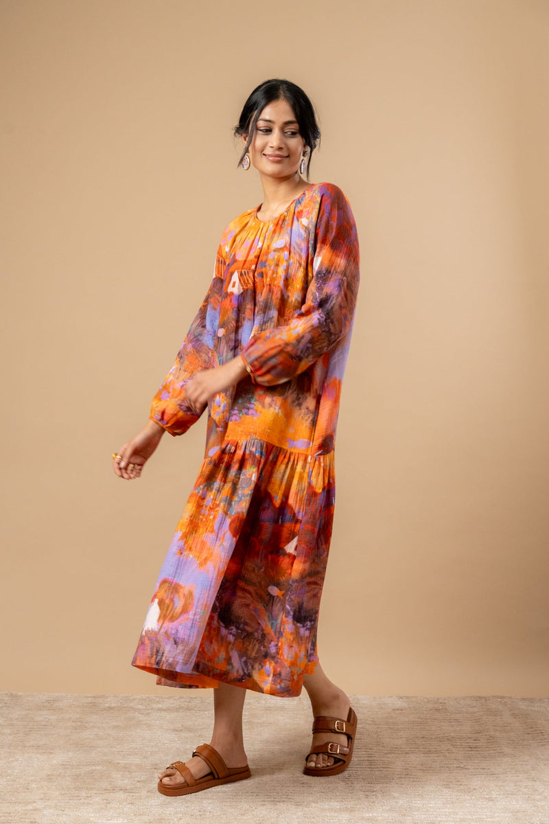 Twig Drop Waist Dress organic cotton gauge by Doodlage in rust color for women Worldwide