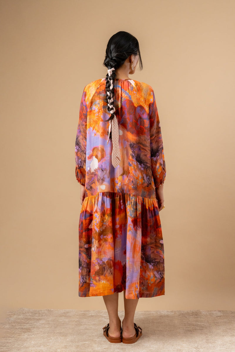 Twig Drop Waist Dress organic cotton gauge by Doodlage in rust color for women Worldwide