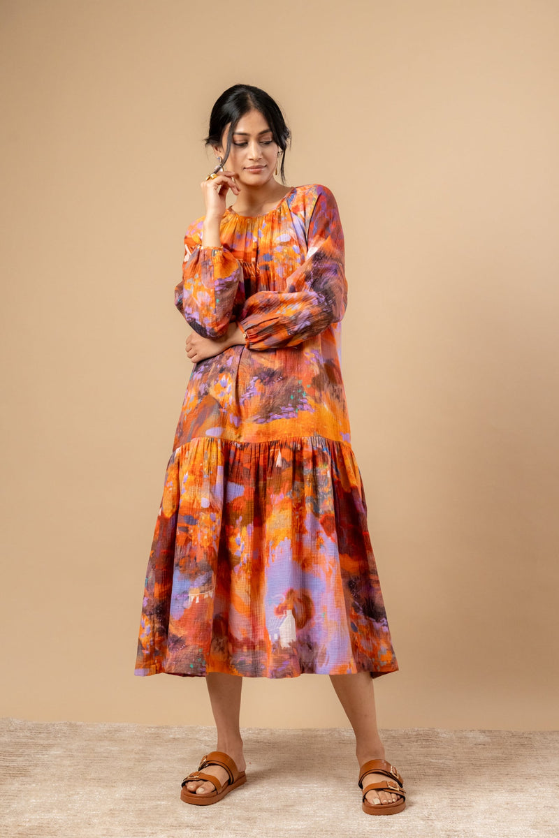 Twig Drop Waist Dress organic cotton gauge by Doodlage in rust color for women Worldwide