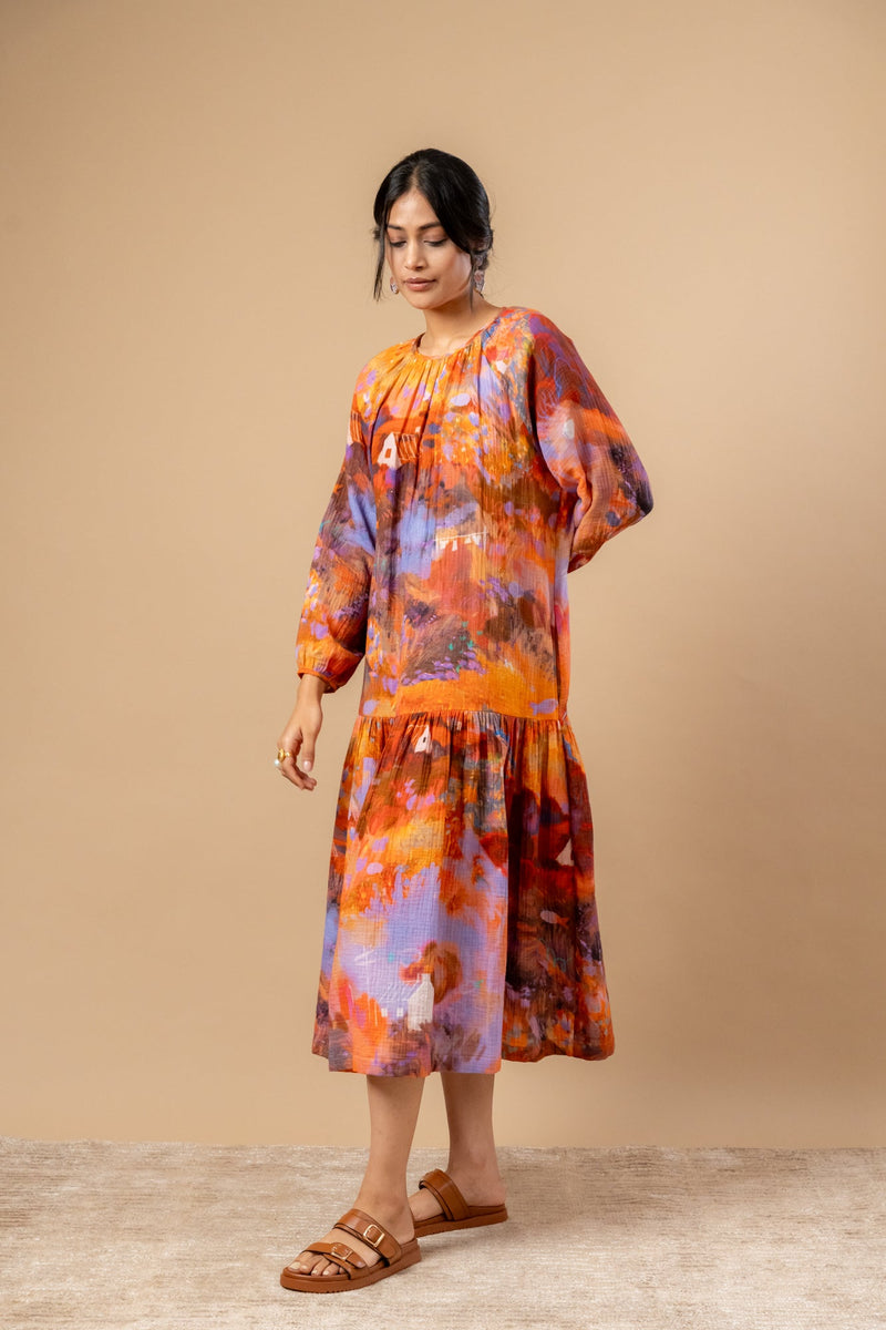 Twig Drop Waist Dress organic cotton gauge by Doodlage in rust color for women Worldwide