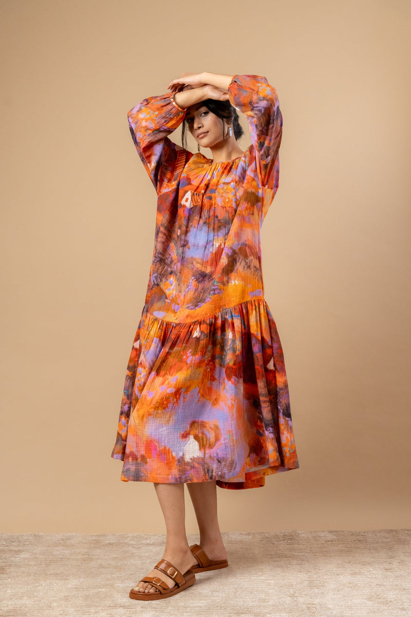 Twig Drop Waist Dress organic cotton gauge by Doodlage in rust color for women Worldwide