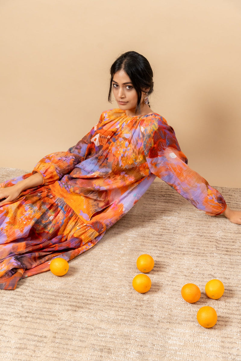 Twig Drop Waist Dress organic cotton gauge by Doodlage in rust color for women Worldwide