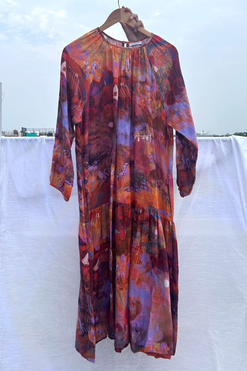 Twig Drop Waist Dress organic cotton gauge by Doodlage in rust color for women Worldwide