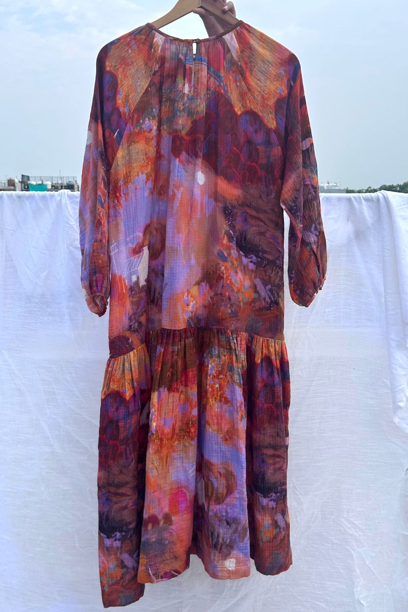 Twig Drop Waist Dress organic cotton gauge by Doodlage in rust color for women Worldwide