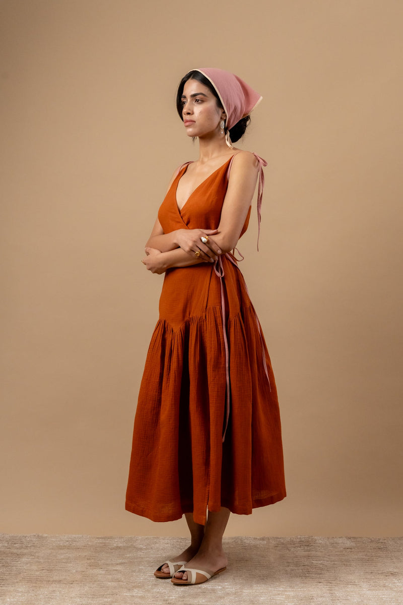 Mudpie Maker Dress organic cotton gauge by Doodlage in rust color for women Worldwide