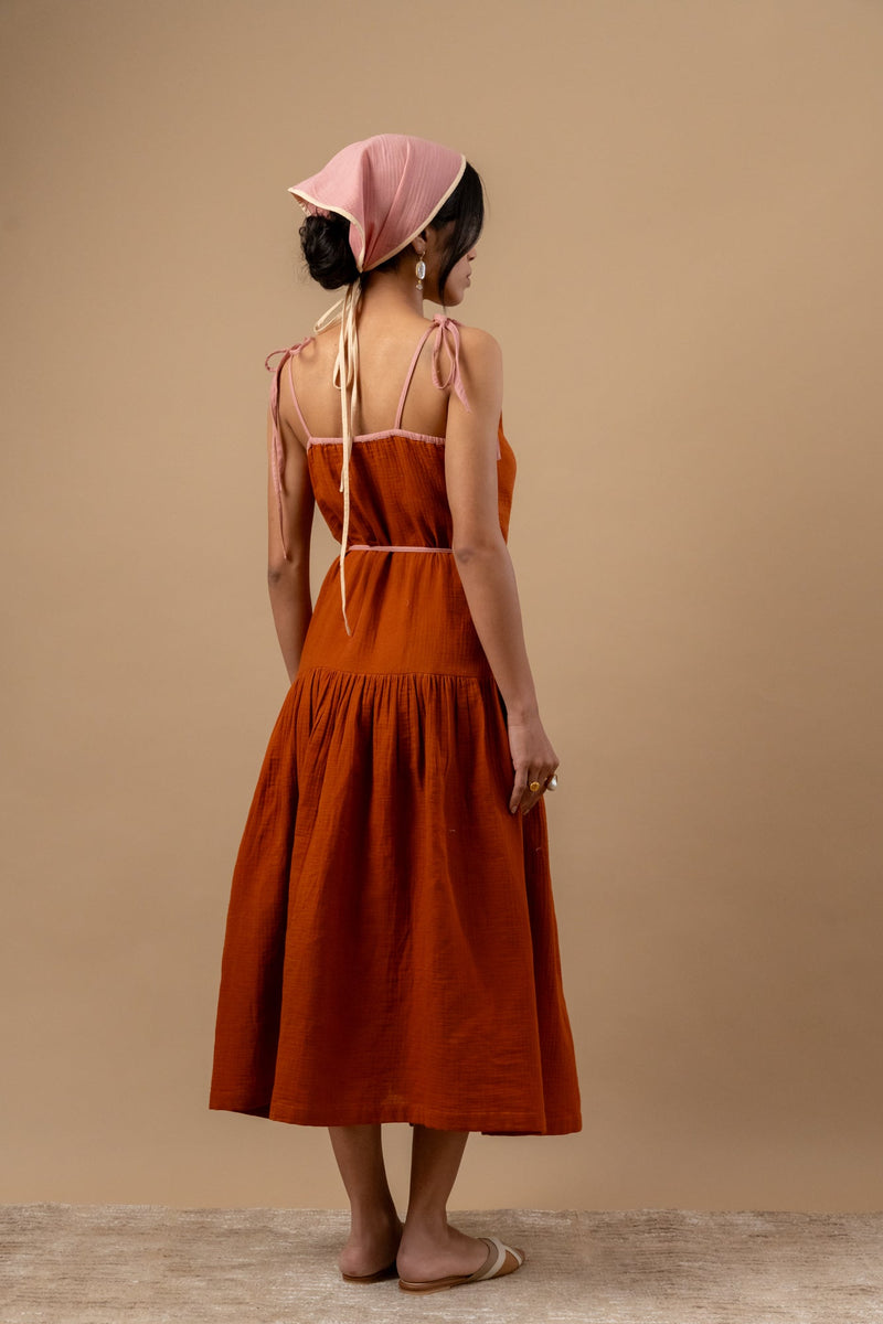 Mudpie Maker Dress organic cotton gauge by Doodlage in rust color for women Worldwide