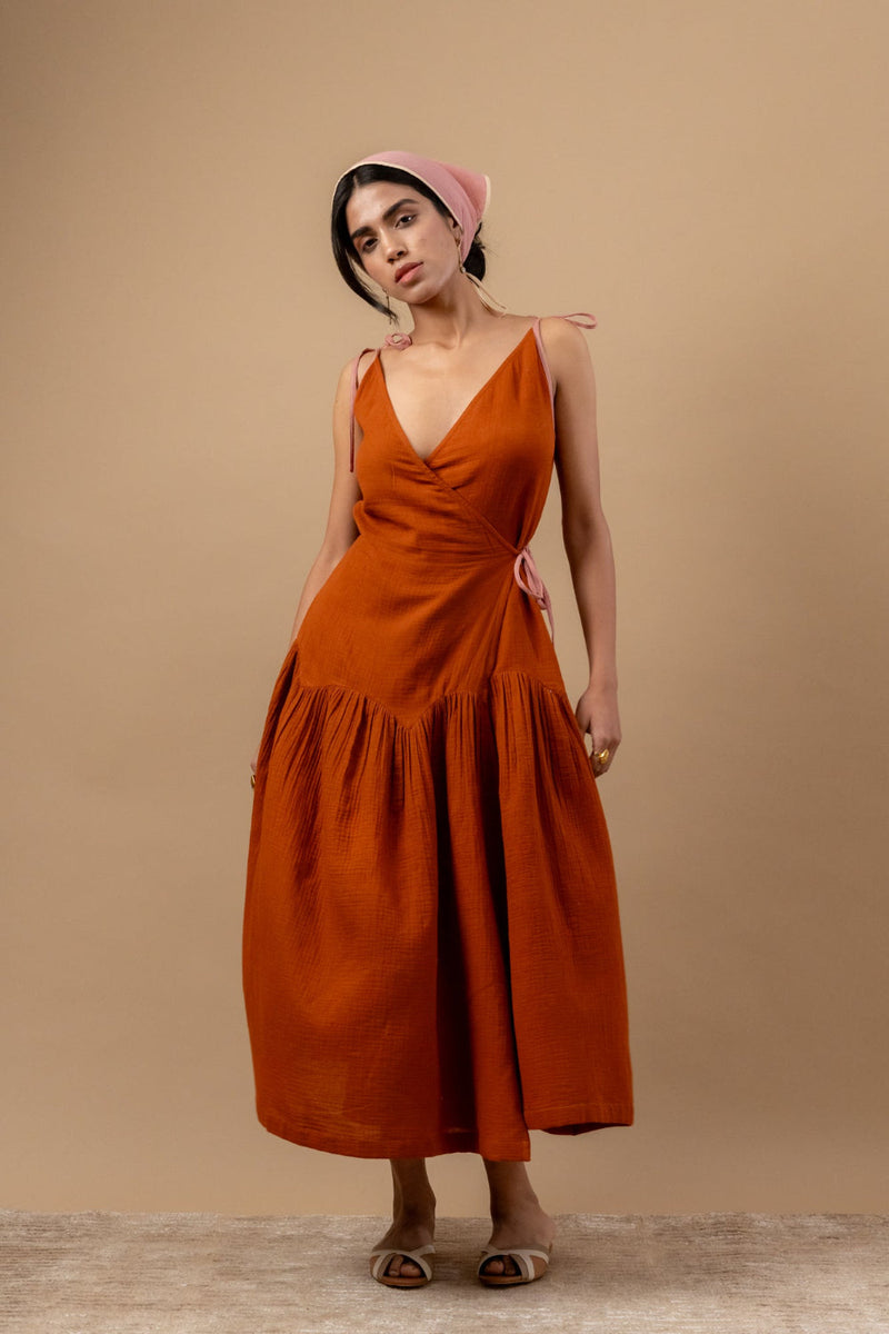 Mudpie Maker Dress organic cotton gauge by Doodlage in rust color for women Worldwide