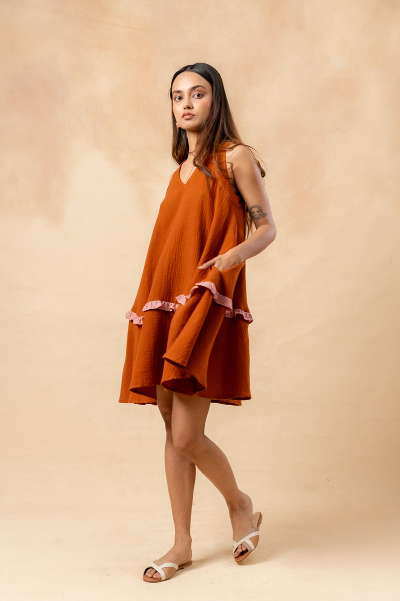 Daisy Daze Dress organic cotton gauge by Doodlage in rust color for women Worldwide