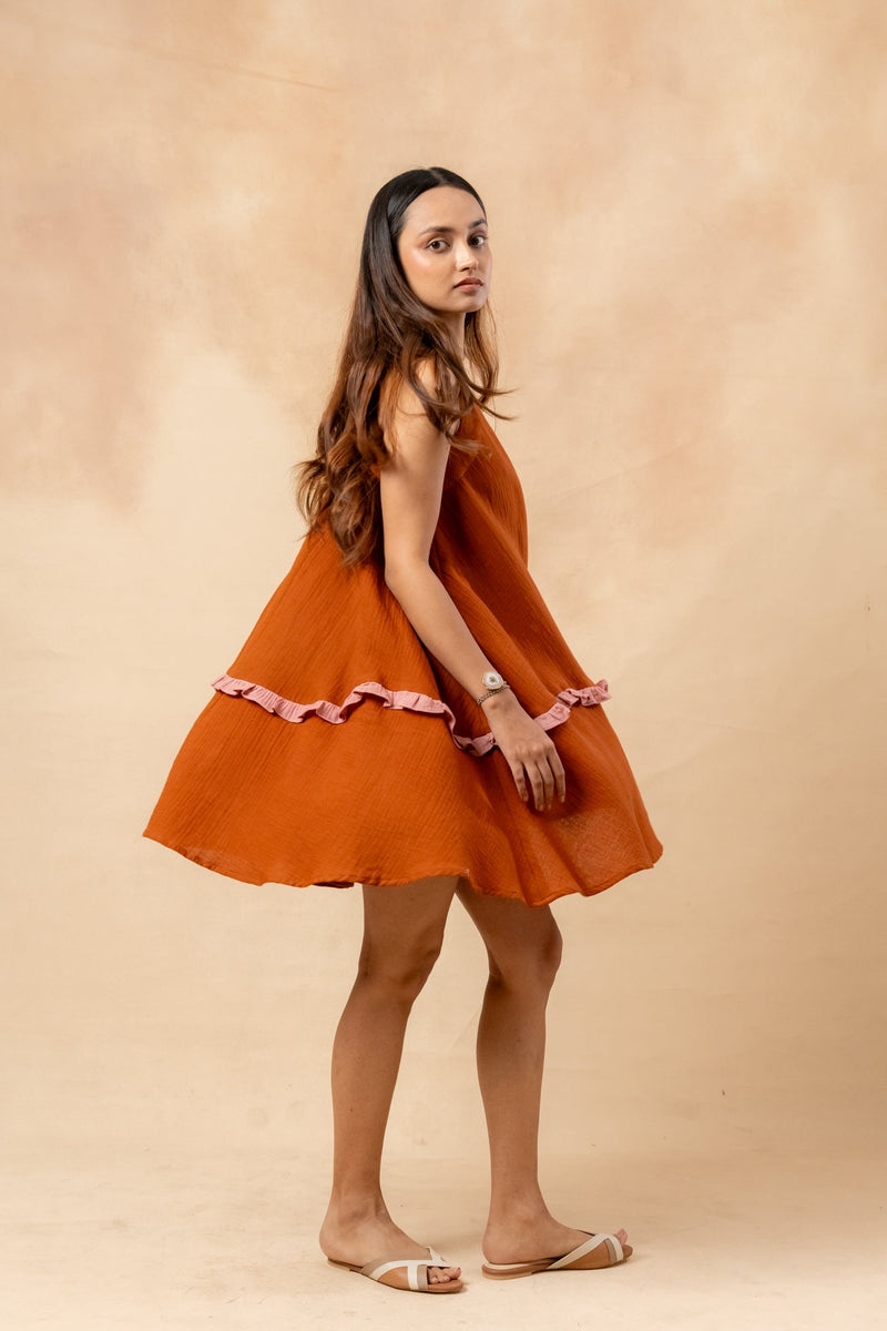 Daisy Daze Dress organic cotton gauge by Doodlage in rust color for women Worldwide