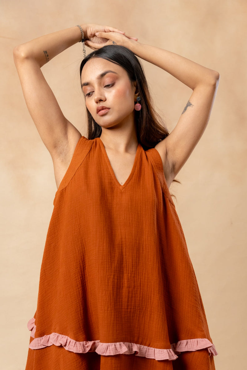 Daisy Daze Dress organic cotton gauge by Doodlage in rust color for women Worldwide