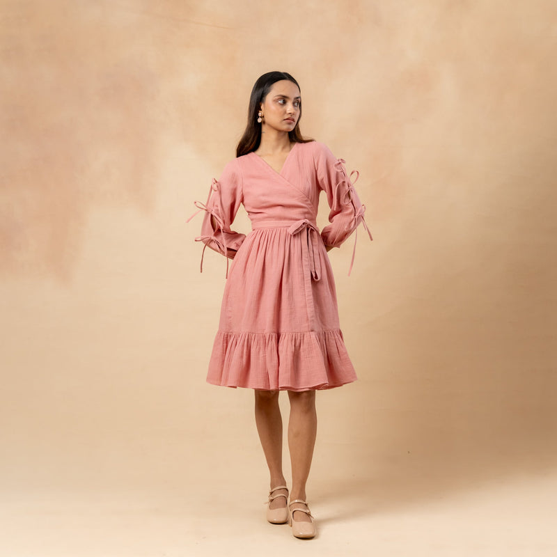 Petal Belted Dress organic cotton gauge by Doodlage in pink color for women Worldwide