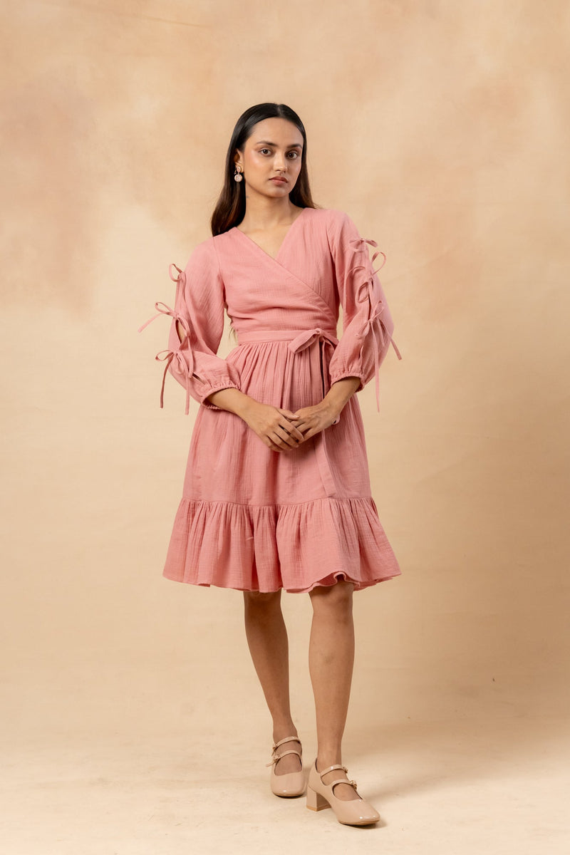 Petal Belted Dress organic cotton gauge by Doodlage in pink color for women Worldwide