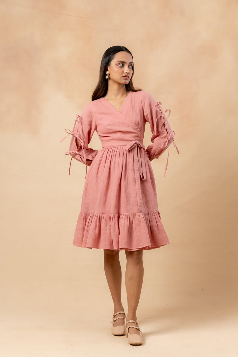 Petal Belted Dress organic cotton gauge by Doodlage in pink color for women Worldwide