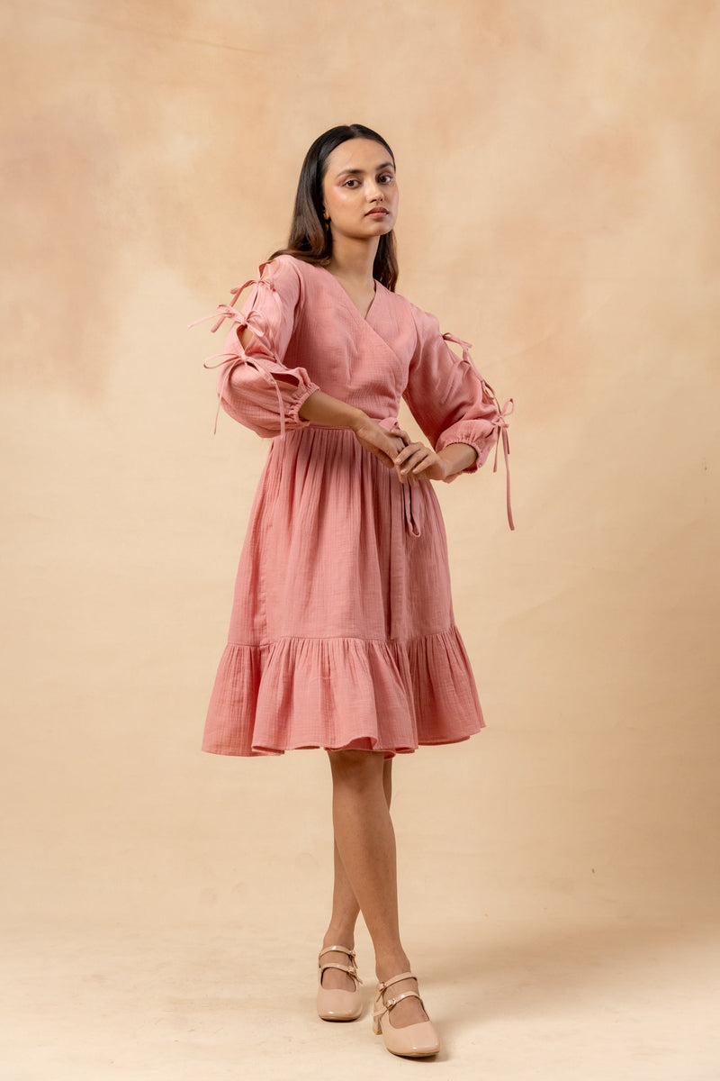 Petal Belted Dress organic cotton gauge by Doodlage in pink color for women Worldwide