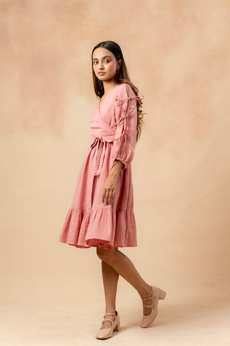 Petal Belted Dress organic cotton gauge by Doodlage in pink color for women Worldwide
