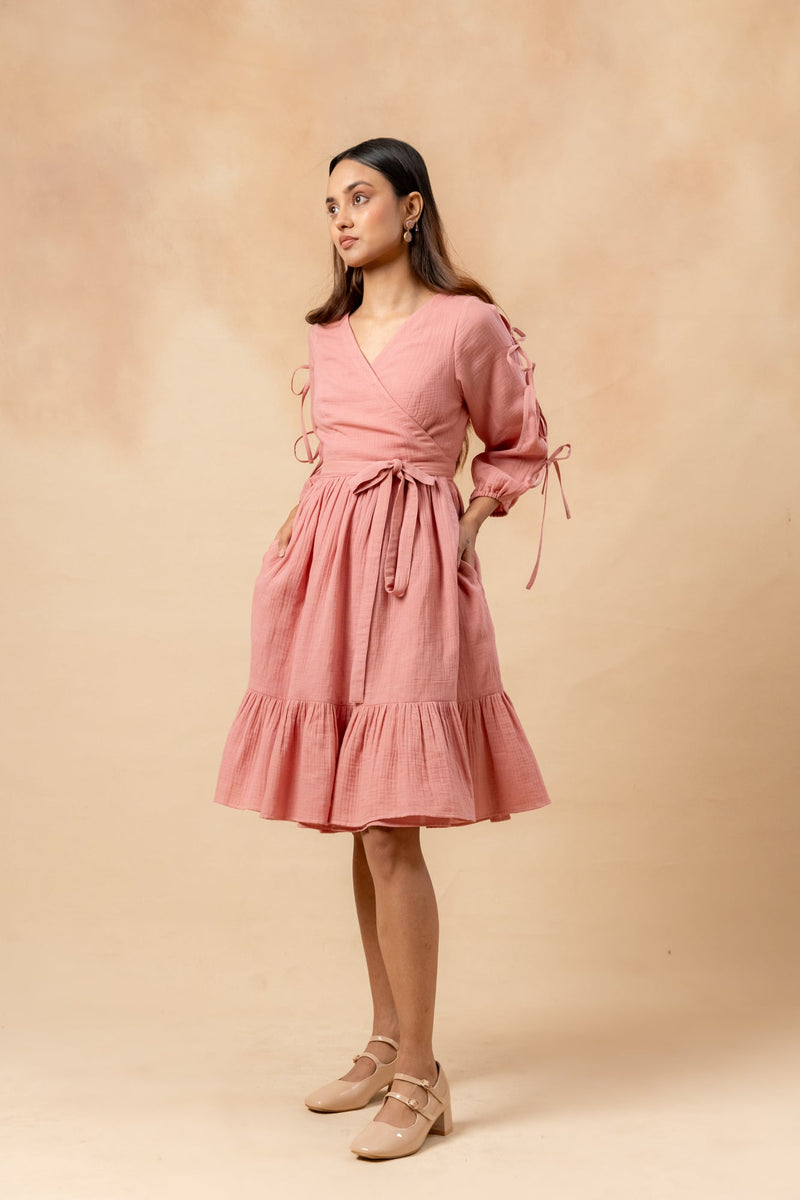 Petal Belted Dress organic cotton gauge by Doodlage in pink color for women Worldwide
