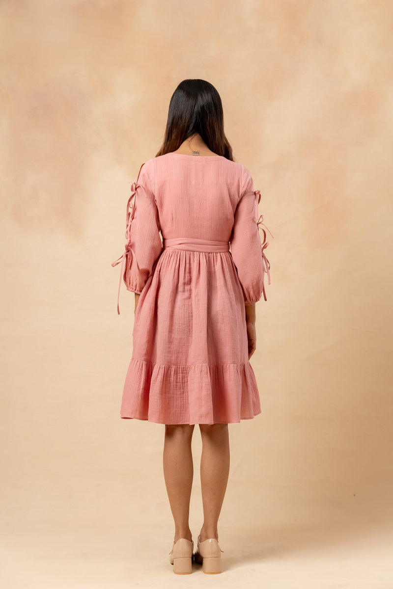 Petal Belted Dress organic cotton gauge by Doodlage in pink color for women Worldwide