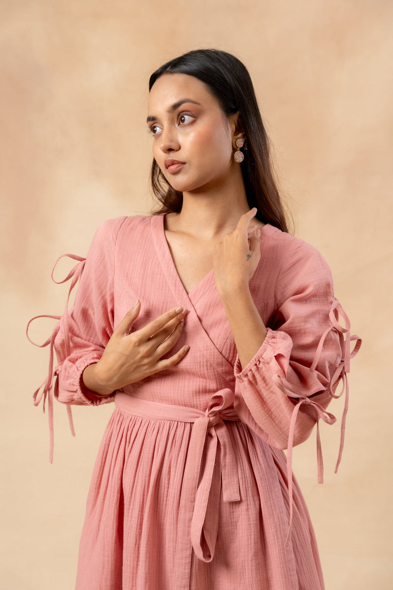Petal Belted Dress organic cotton gauge by Doodlage in pink color for women Worldwide
