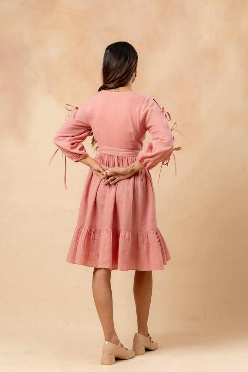 Petal Belted Dress organic cotton gauge by Doodlage in pink color for women Worldwide