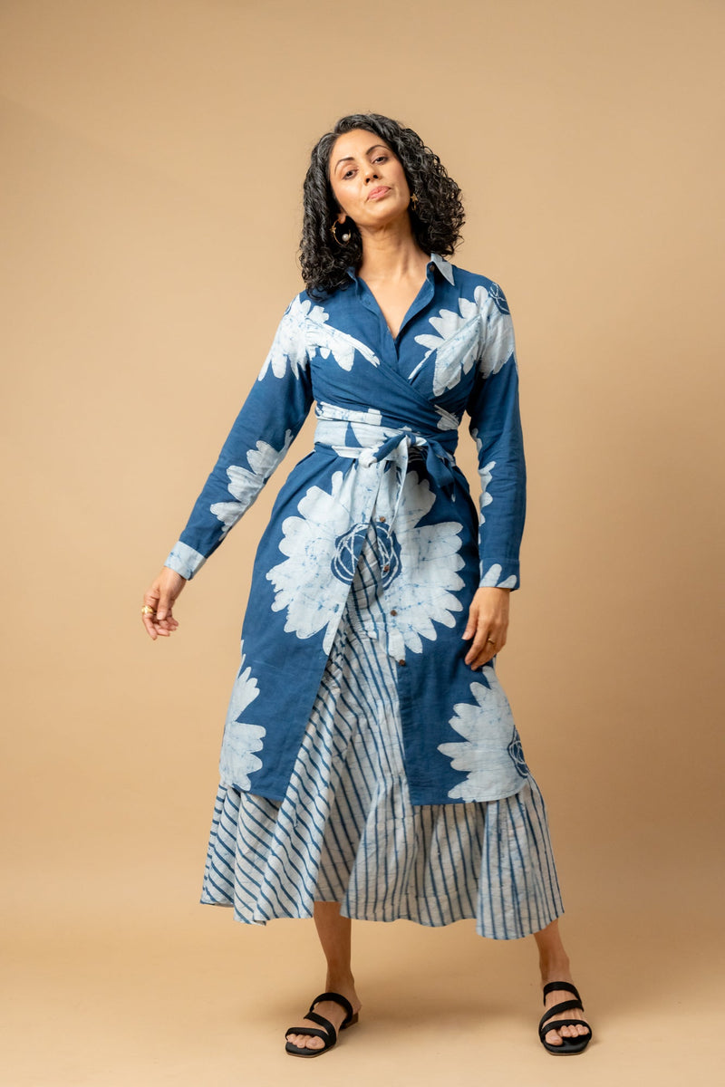 Thea batik flower dress by Doodlage in blue color for women Worldwide