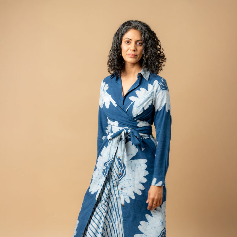 Thea batik flower dress by Doodlage in blue color for women Worldwide